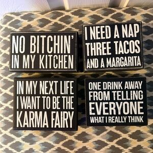Primitives by Kathy Set of 4 Black Decorative Signs Kitchen Karma Tacos Marg